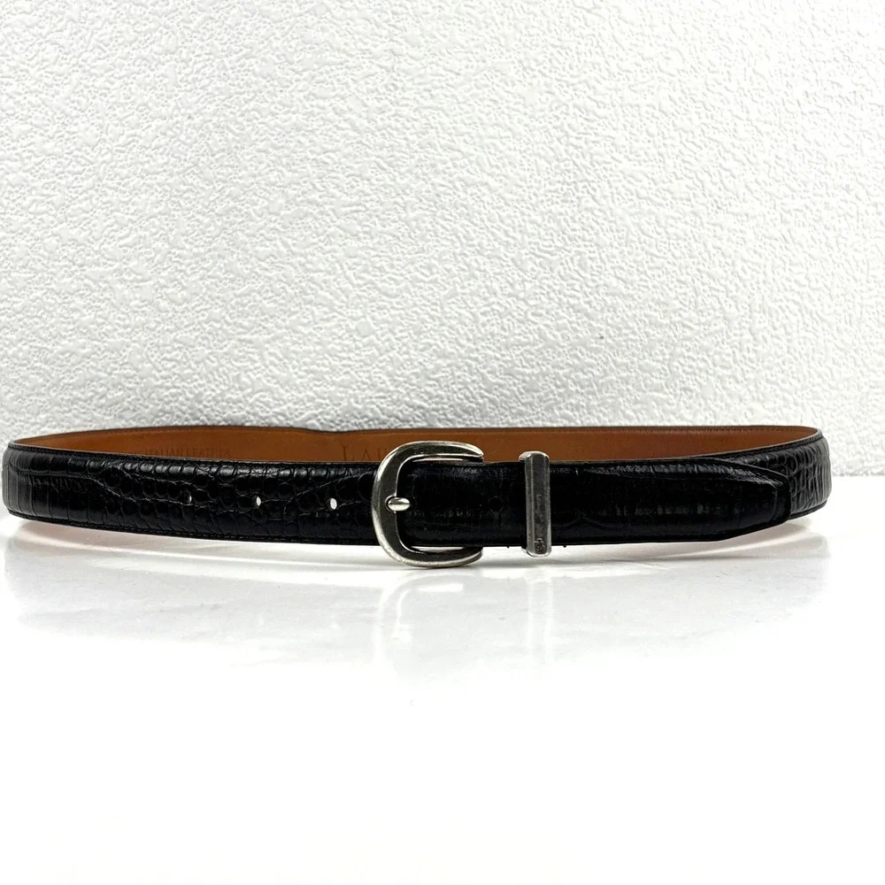 Lauren Ralph Lauren Belt Women Medium Black Croc Embossed Leather Preppy Classic